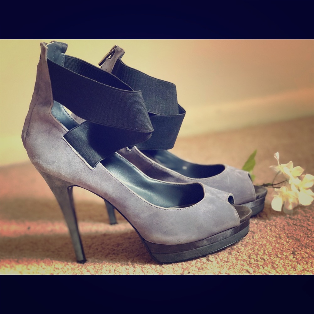 Suede, stretchy ankle strapped high heels